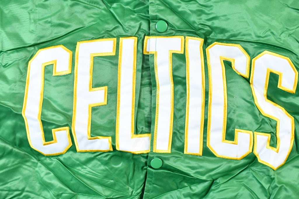 Vintage 1990s Hardwood Classics Boston Celtics NBA Basketball Embroidered Snap Button Satin Bomber Jacket