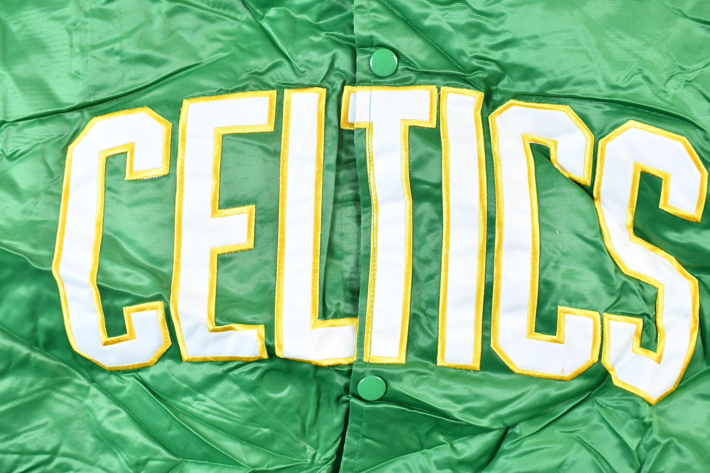 Vintage 1990s Hardwood Classics Boston Celtics NBA Basketball Embroidered Snap Button Satin Bomber Jacket