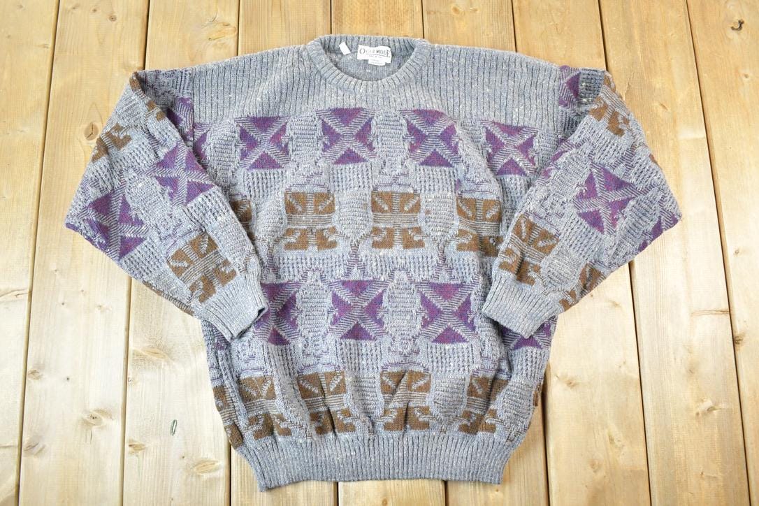 Vintage 1990s Oggi Mode Knit Abstract Pattern Wool Blend Crewneck Sweater Mens L