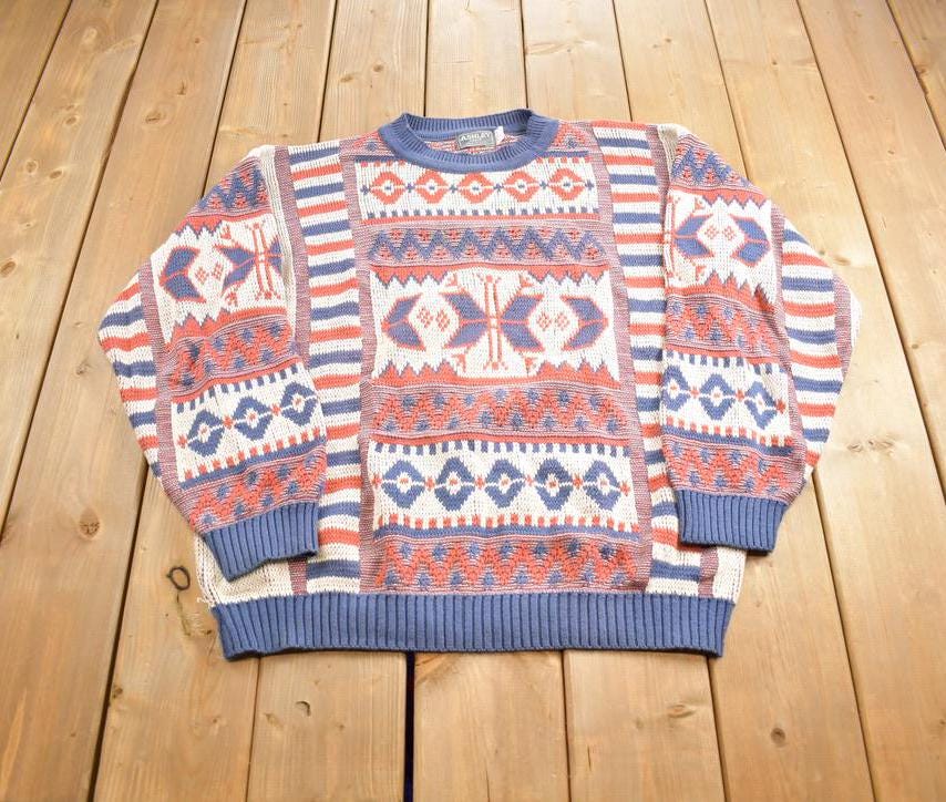 Vintage 1980s Ashley Knit Abstract Pattern Crewneck Sweater Made In USA