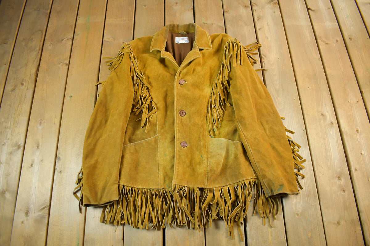 Vintage 1960s Sprung Genuine Leather Western Fringe Jacket Mens 44