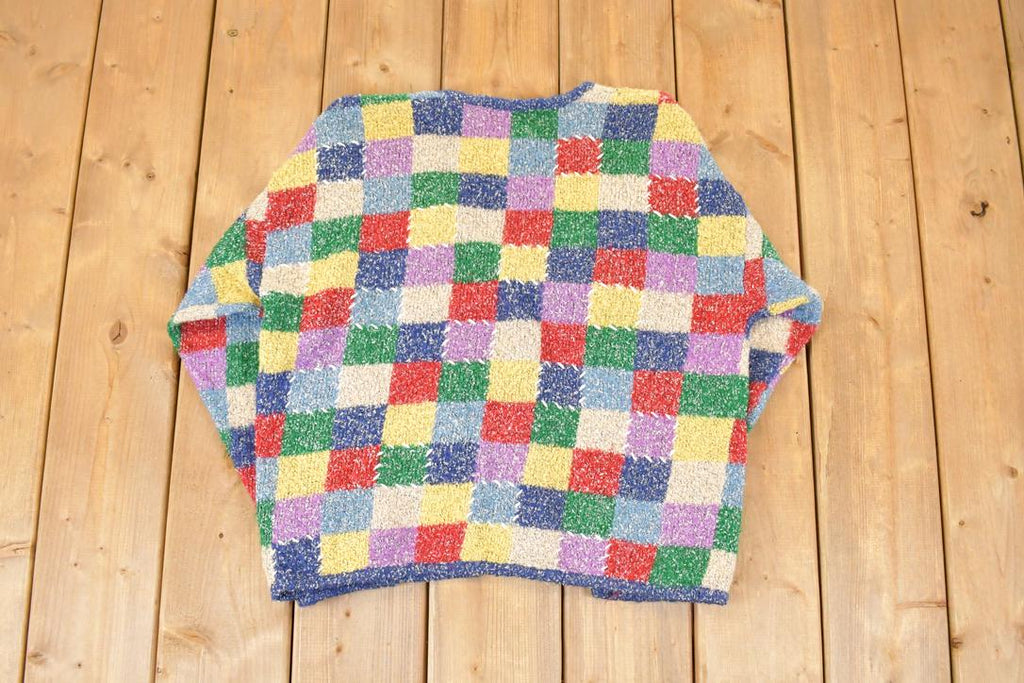 Vintage 1990s Mandal Bay Checkered Abstract Knit Cardigan Sweater Womens L