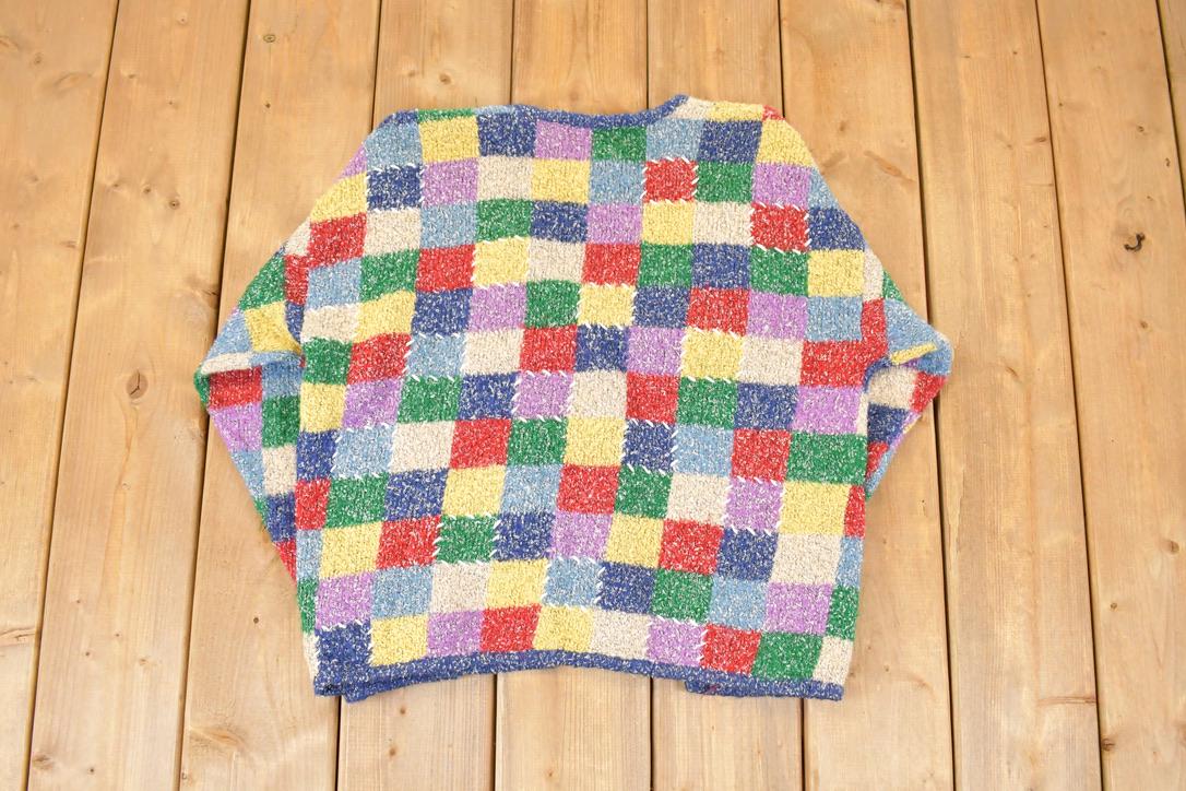 Vintage 1990s Mandal Bay Checkered Abstract Knit Cardigan Sweater Womens L / Preppy Knit Cardigan / Fancy Knit Vintage Cardigan