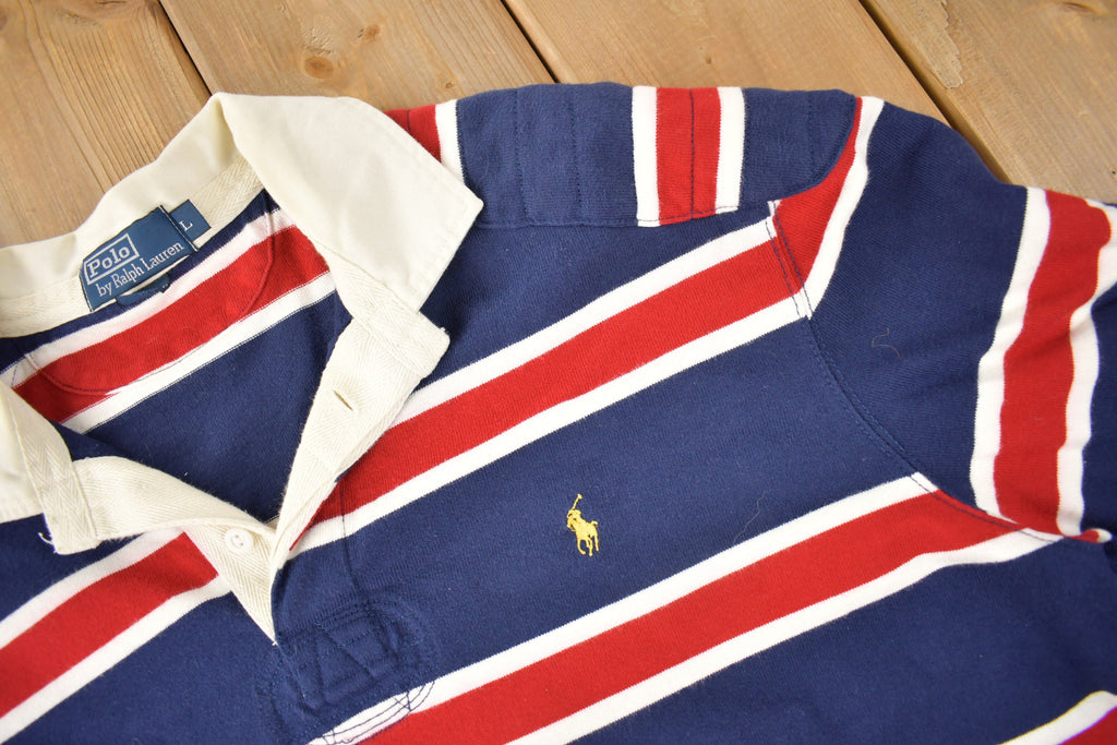 Vintage 1990s Polo By Ralph Lauren Embroidered Small Pony Striped Rugby Sweater Size Large