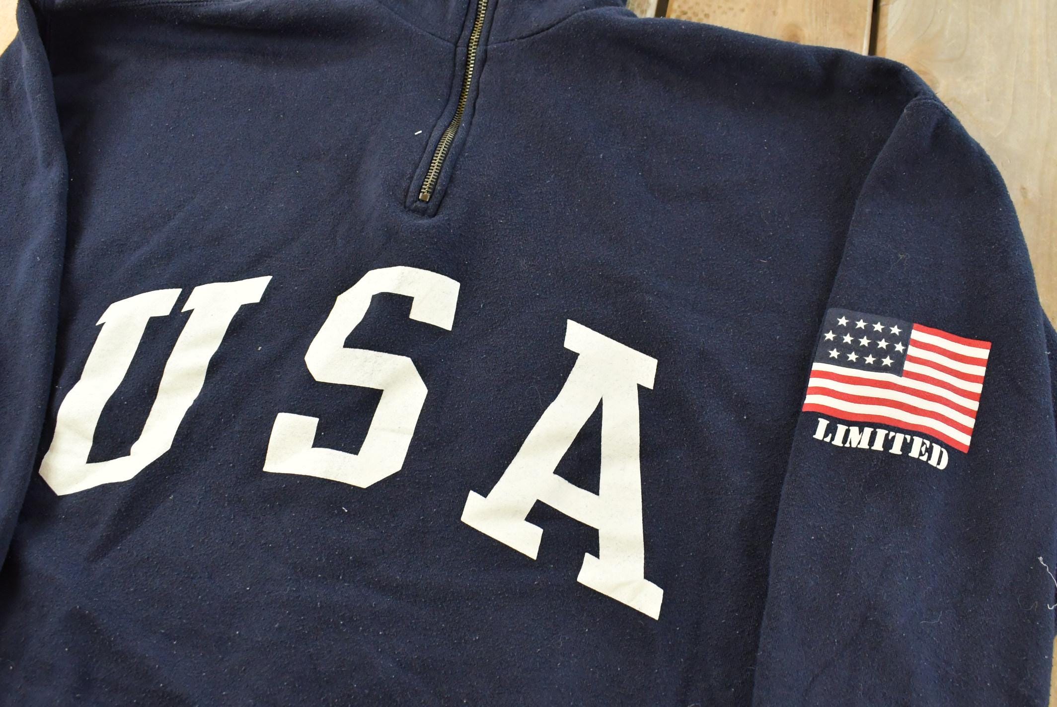 Vintage 1990s Limited Jeans USA Flag Quarter Zip Crewneck Sweatshirt Men's L / 90s Crewneck / Souvenir Sweater / Streetwear / Travel