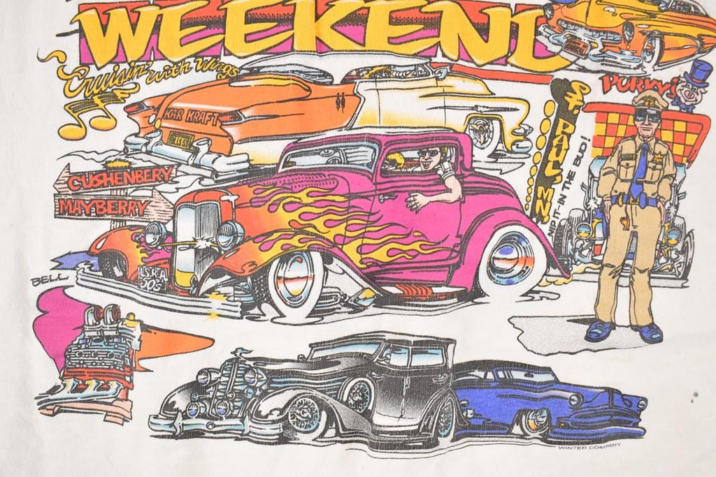 Vintage 1999 50's Weekend Cartoon Hot Rod Graphic Print Souvenir T-Shirt Men's L