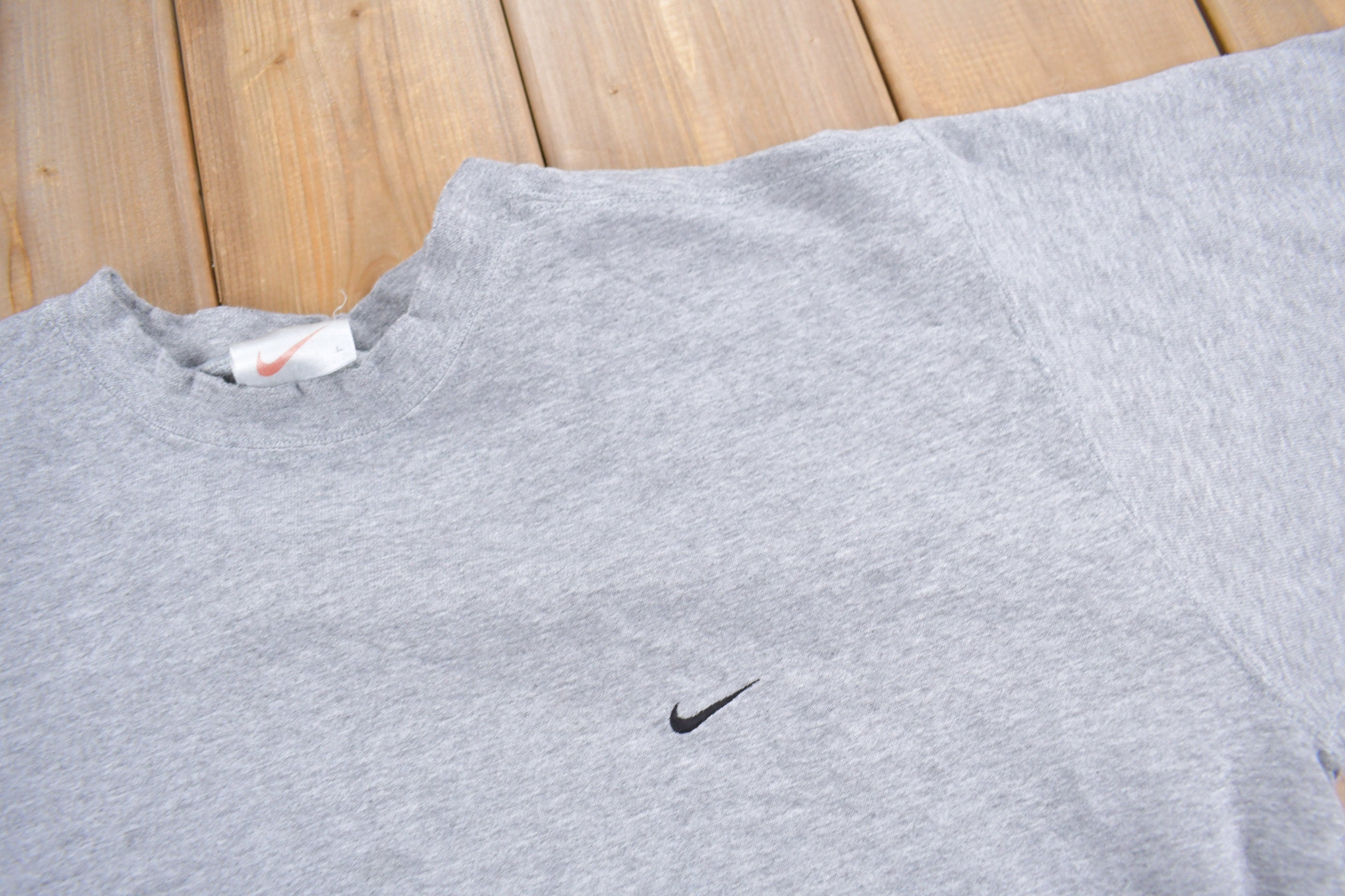 Vintage 1990s Nike Heather Grey Mini Swoosh Crewneck Sweatshirt