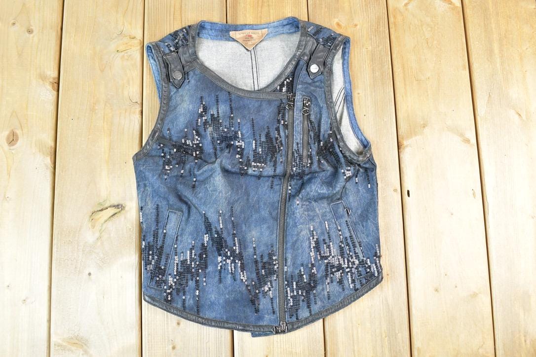 Women Vintage Vigoss Y2K Denim Vest / Vigoss Grunge Skull Print / Contrast Stitch / Internet Famous Clothing / Over Dyed