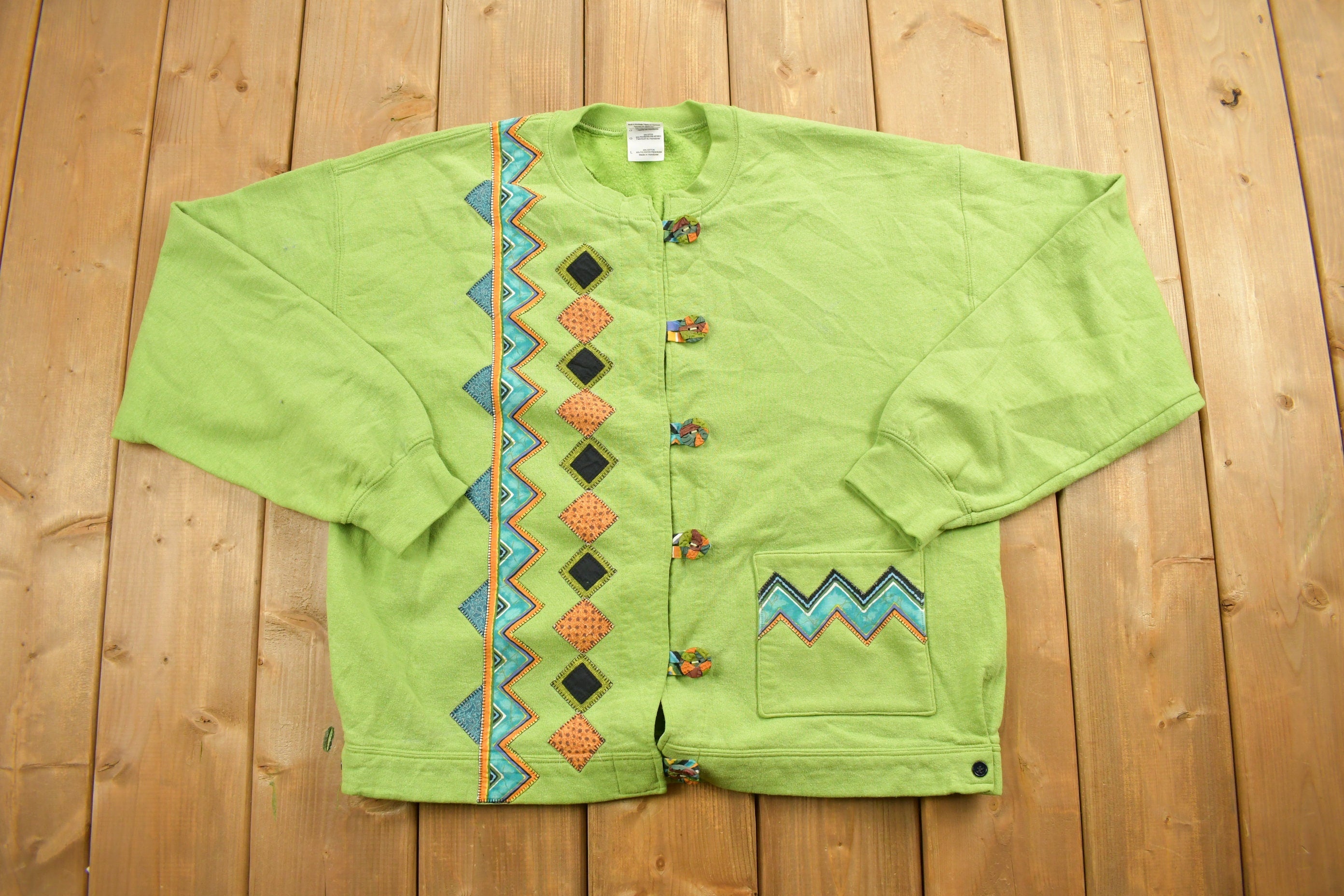 Vintage 1990s Abstract Green Embroidered Cardigan Sweater