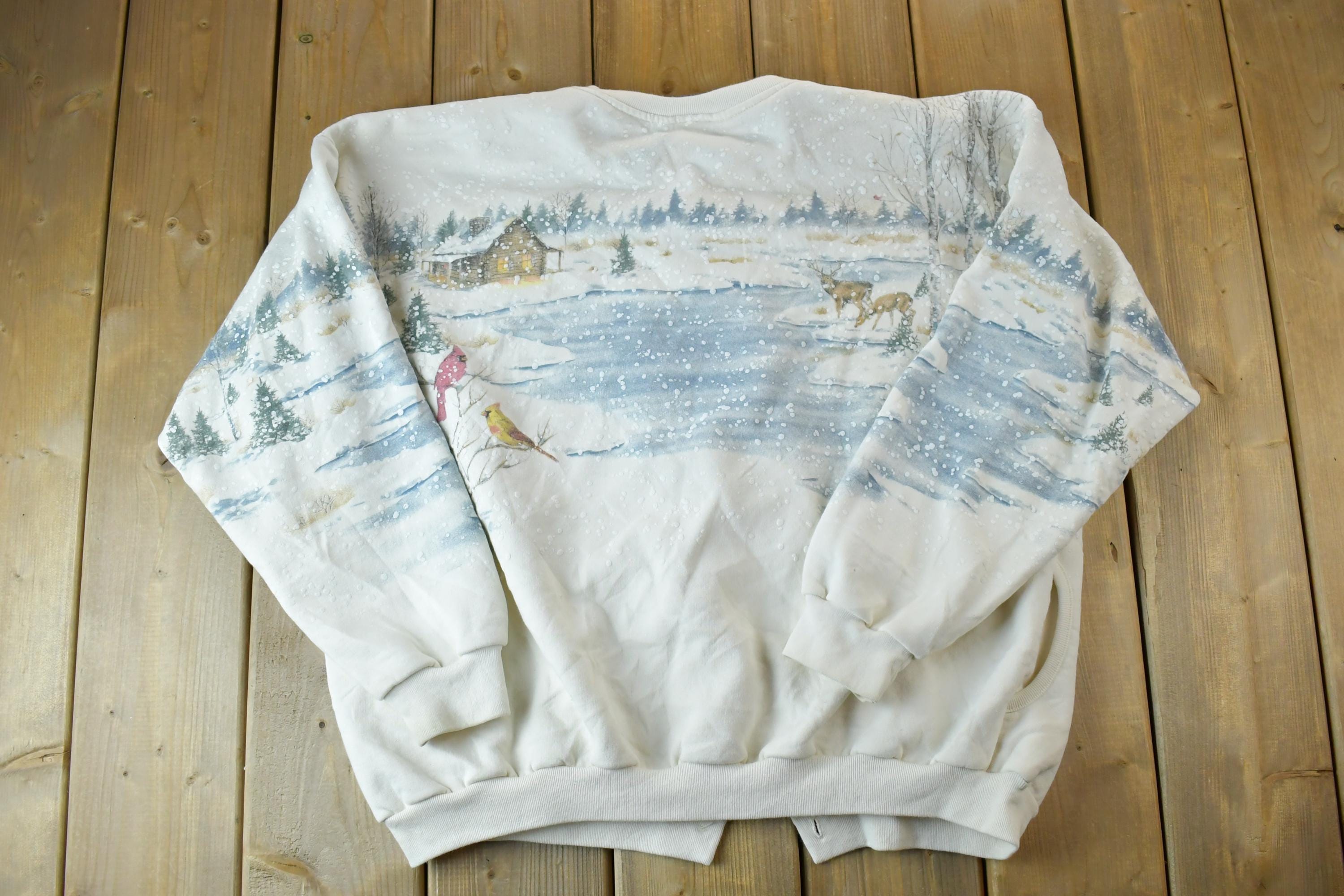 Vintage 1990s Artisans All Over Print Winter Theme Button Up Crewneck