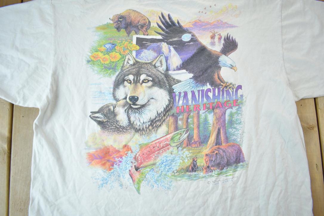 Vintage 1990s Vanishing Heritage Wolf Graphic T-Shirt