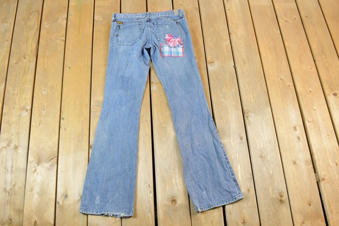 Vintage 1990s Switch USA Patched Denim Bell Bottoms Jeans Size 30 x 32
