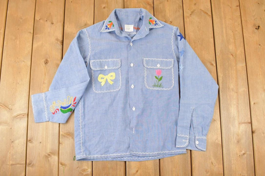 Vintage 1960s JC Penny Big Mac Loop Embroidered Western Denim Button Up Shirt Women's M