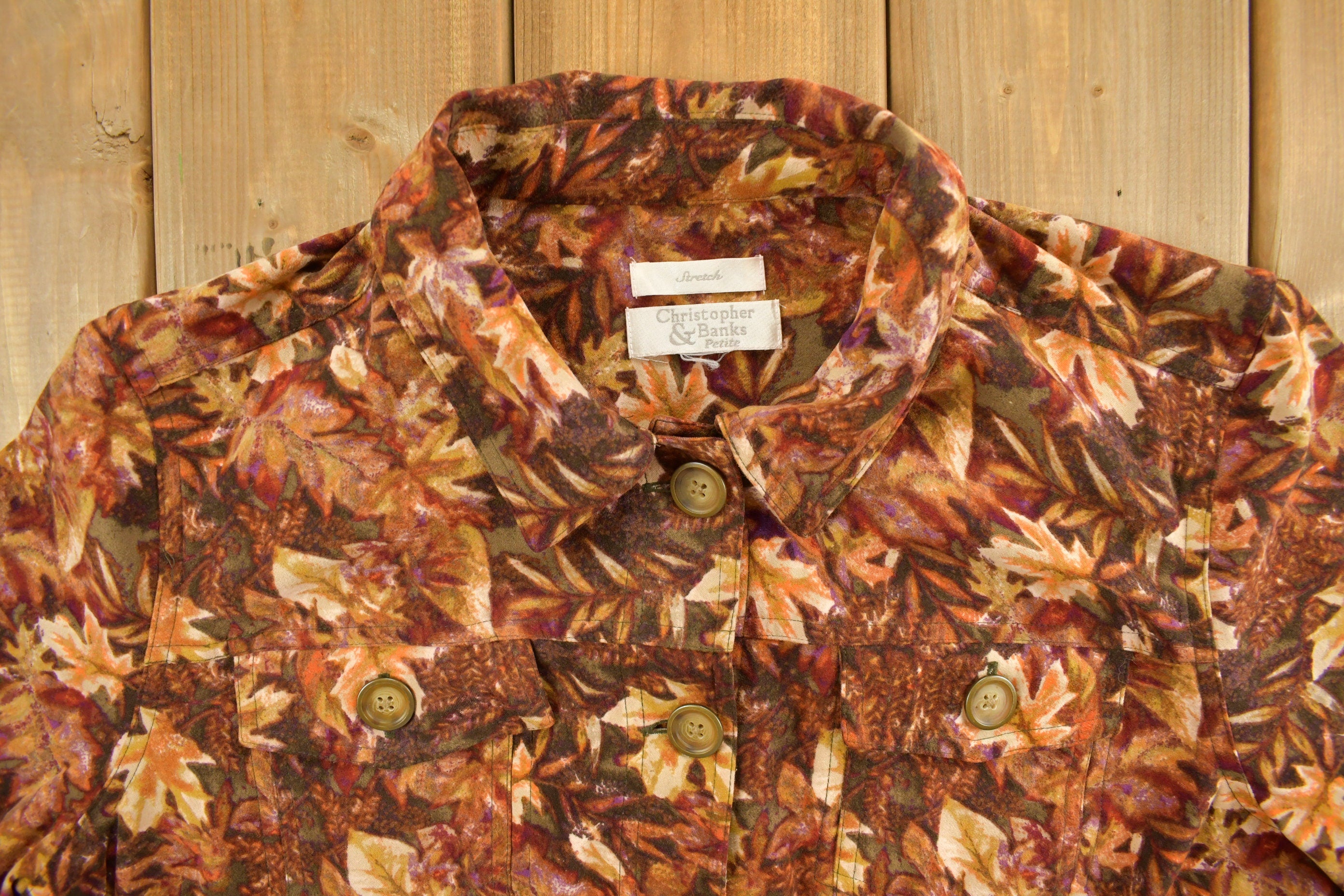 Vintage 1990s Christopher & Banks Women's Floral Falling Leaves Button Up Shirt
