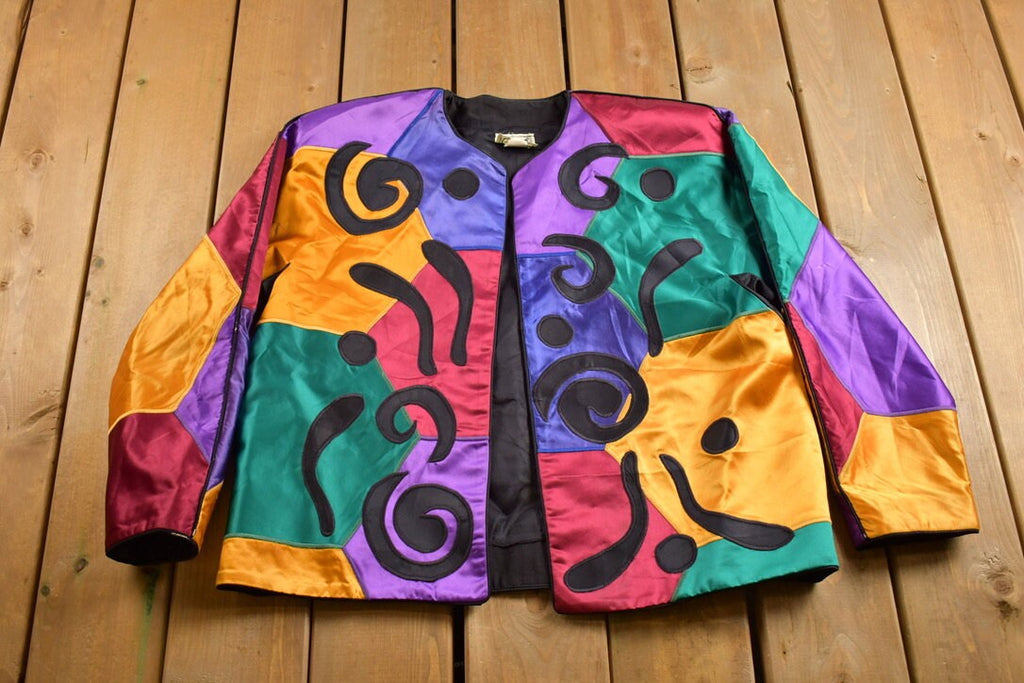 Vintage 1980s Abstract Geometric Pattern Patchwork Satin Bomber Jacket
