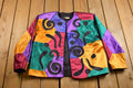 Vintage 1980s Abstract Geometric Pattern Patchwork Satin Bomber Jacket