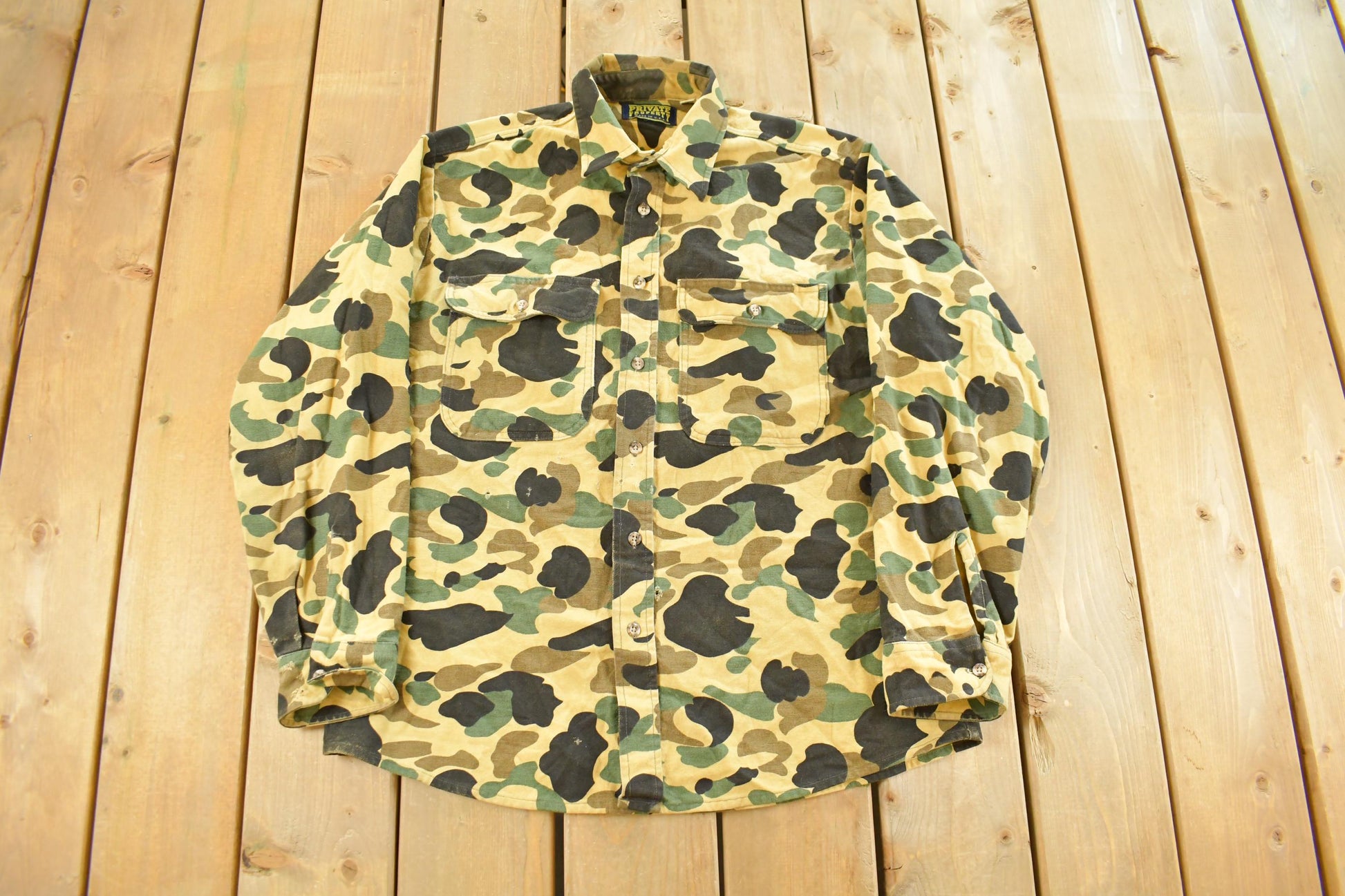 Vintage 1980s Private Property Duck Camo Cloth Button Up Shirt Men's Large / True Vintage / Hunting Shirt / Outdoors / Made In USA