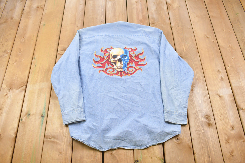 Vintage 1990s Jerzees Skull Back Print Denim Button Up Shirt