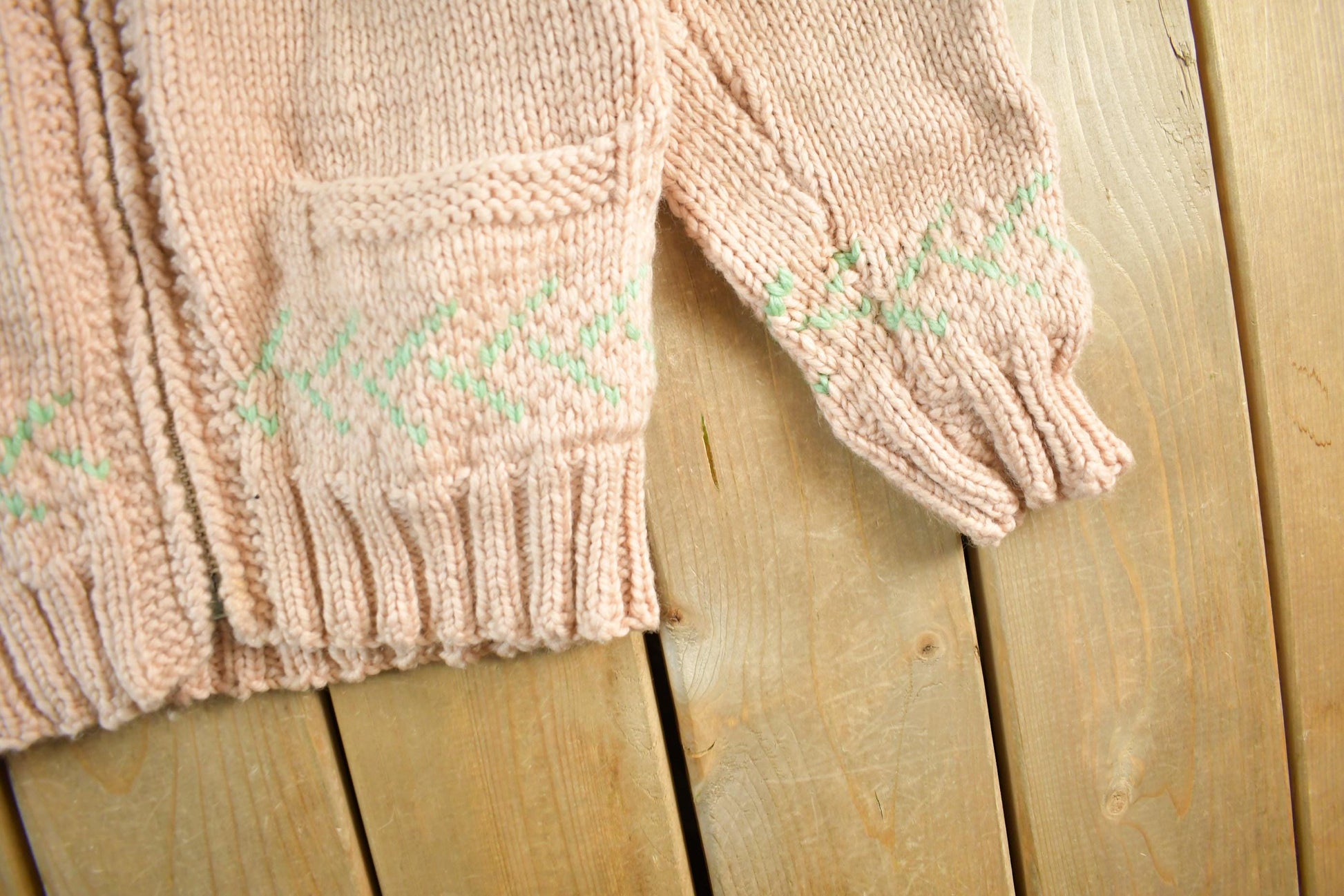 Vintage 1950s Hand-Knit Pink Zip Up Cowichan Sweater Women's Medium