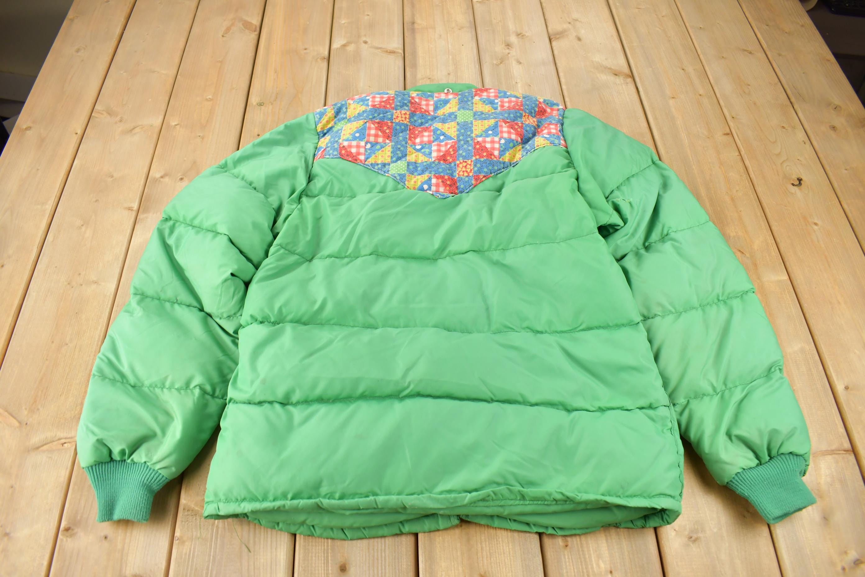 Vintage 1970s Frostline Patchwork Pattern Goose Down Puffer Jacket