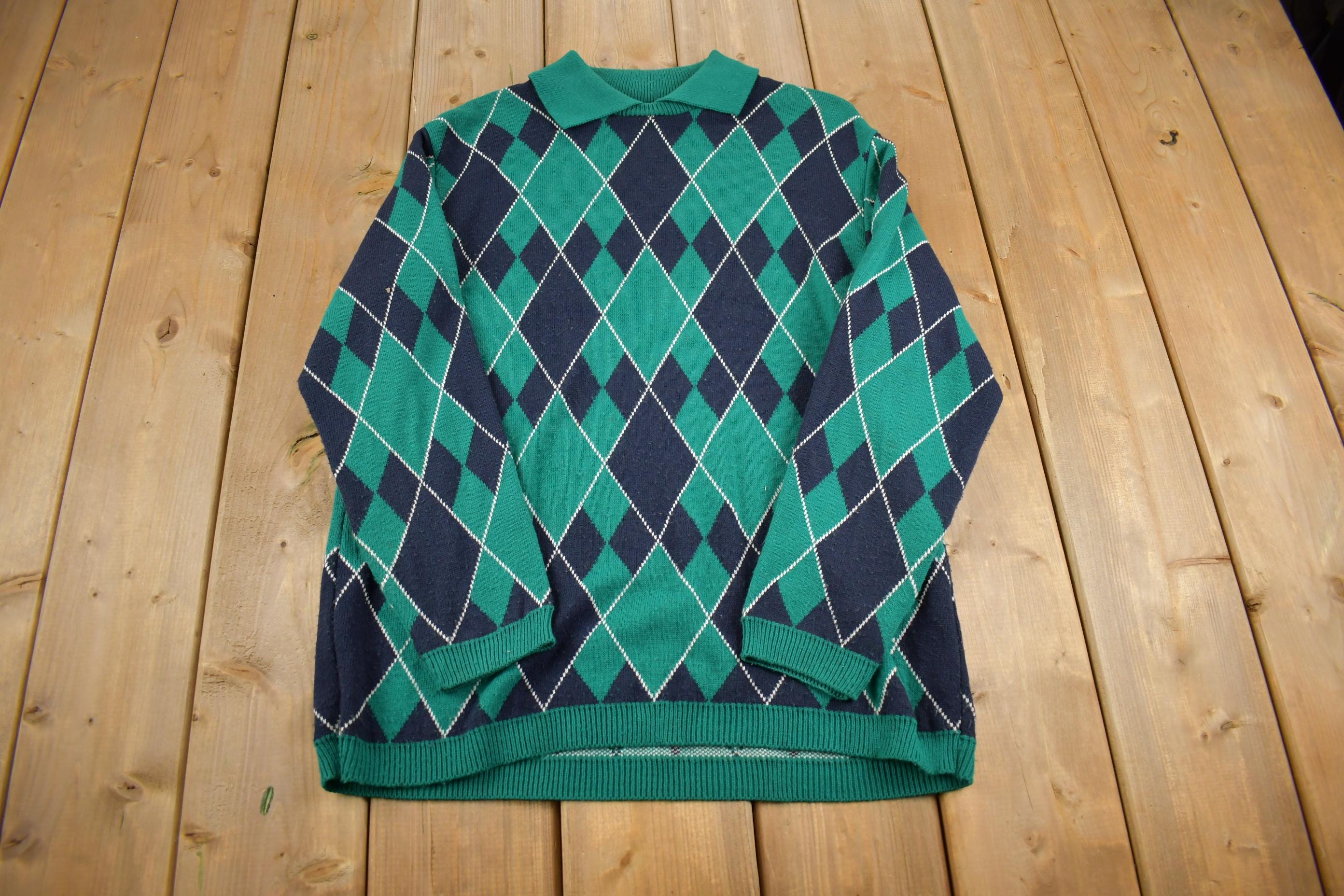 Vintage 1990s Alfred Dunner Argyle Knit Collar Sweater Made In USA