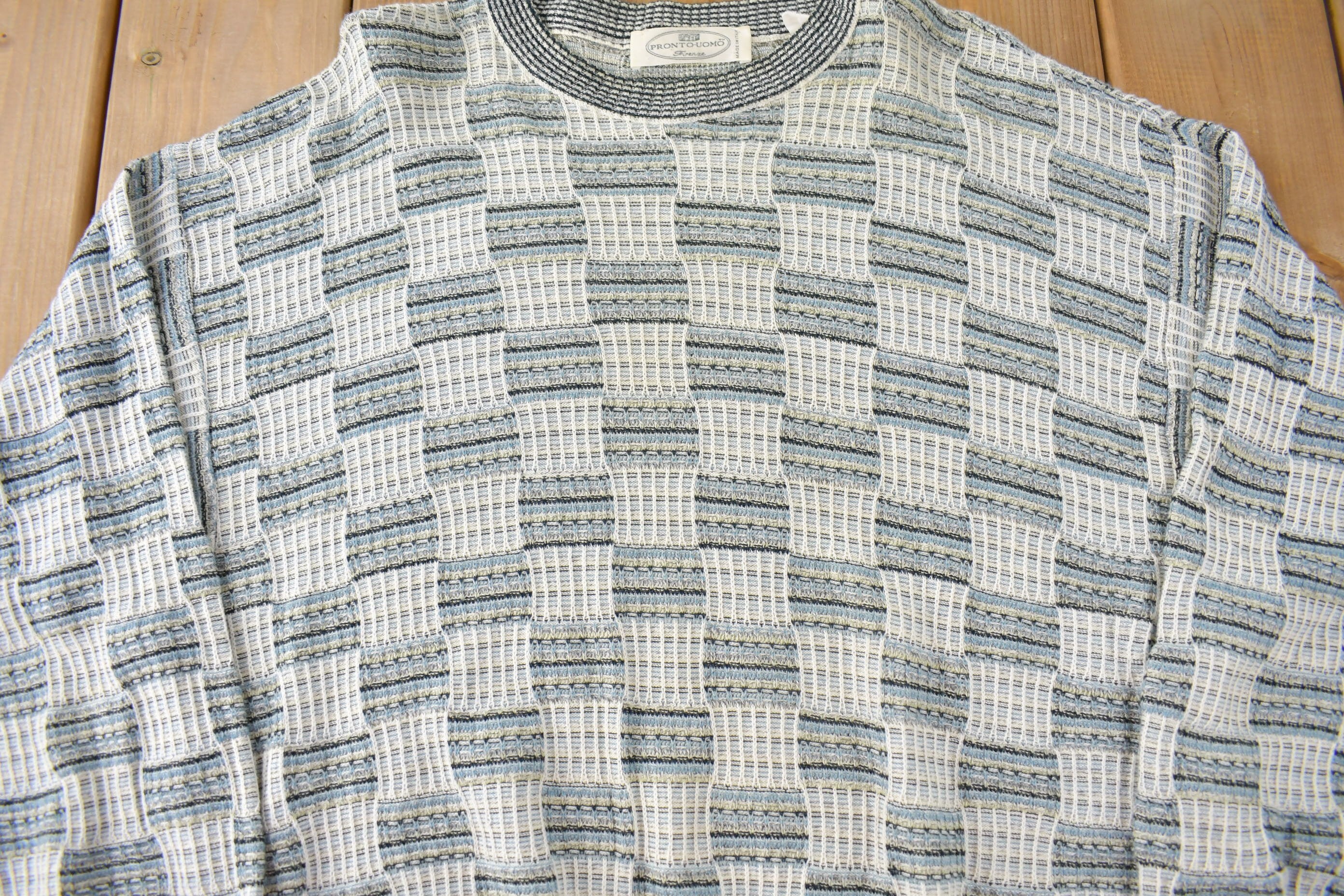 Vintage 1990s Pronto-Uomo Checkered Knit Crewneck Sweater Size L Made In Italy