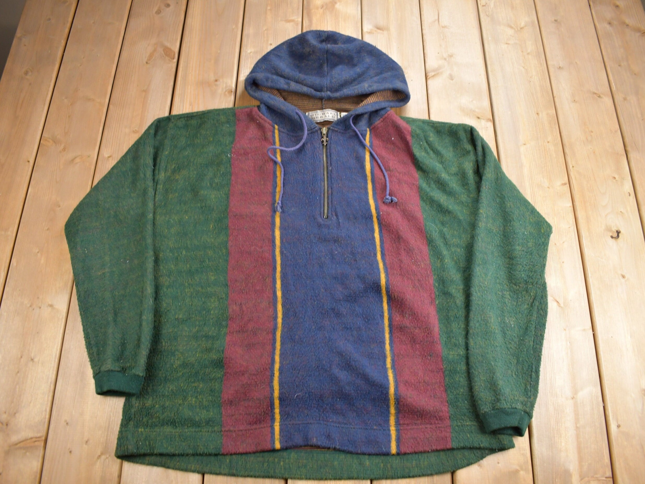 Vintage 1990s Michael Gerald Quarter Zip Striped Hoodie / 90s Hoodie / Vintage Sweater / Color Block / Size XLT