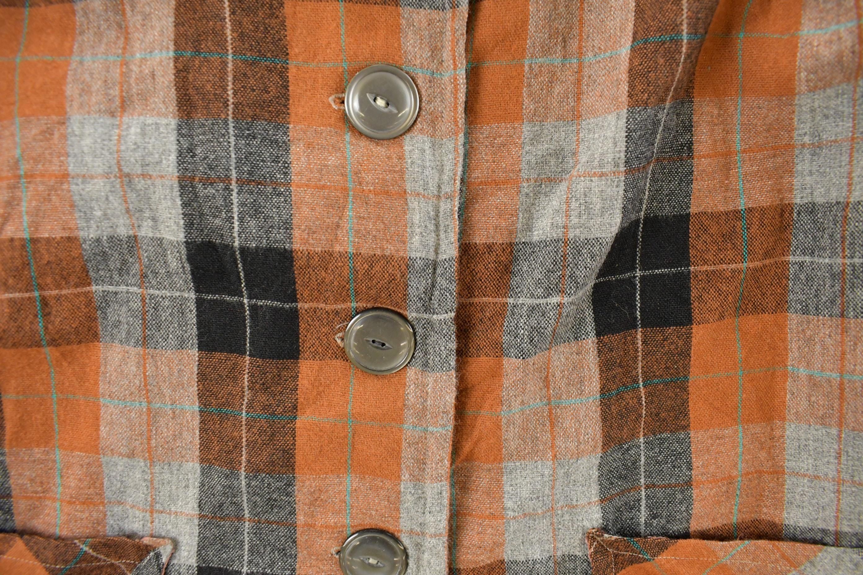 Vintage 1970s Flannel Wool Plaid Button Up Blazer Shirt Women's Large