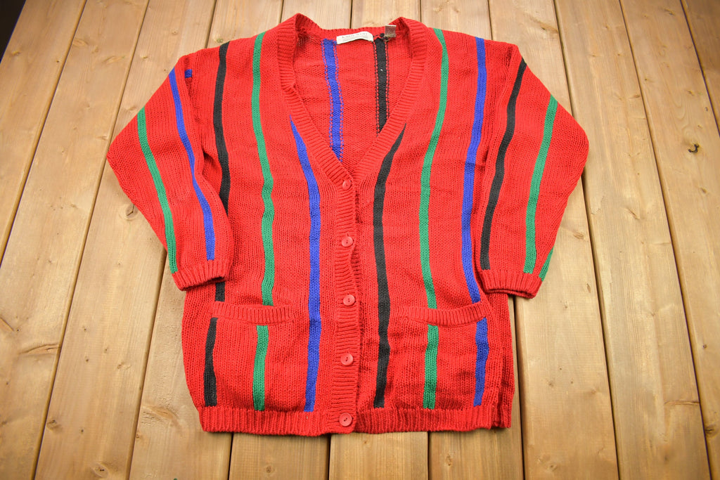 Vintage 1990s Karen Scott Striped Knitted Cardigan Sweater / Vintage Cardigan / Button Up / Abstract Pattern