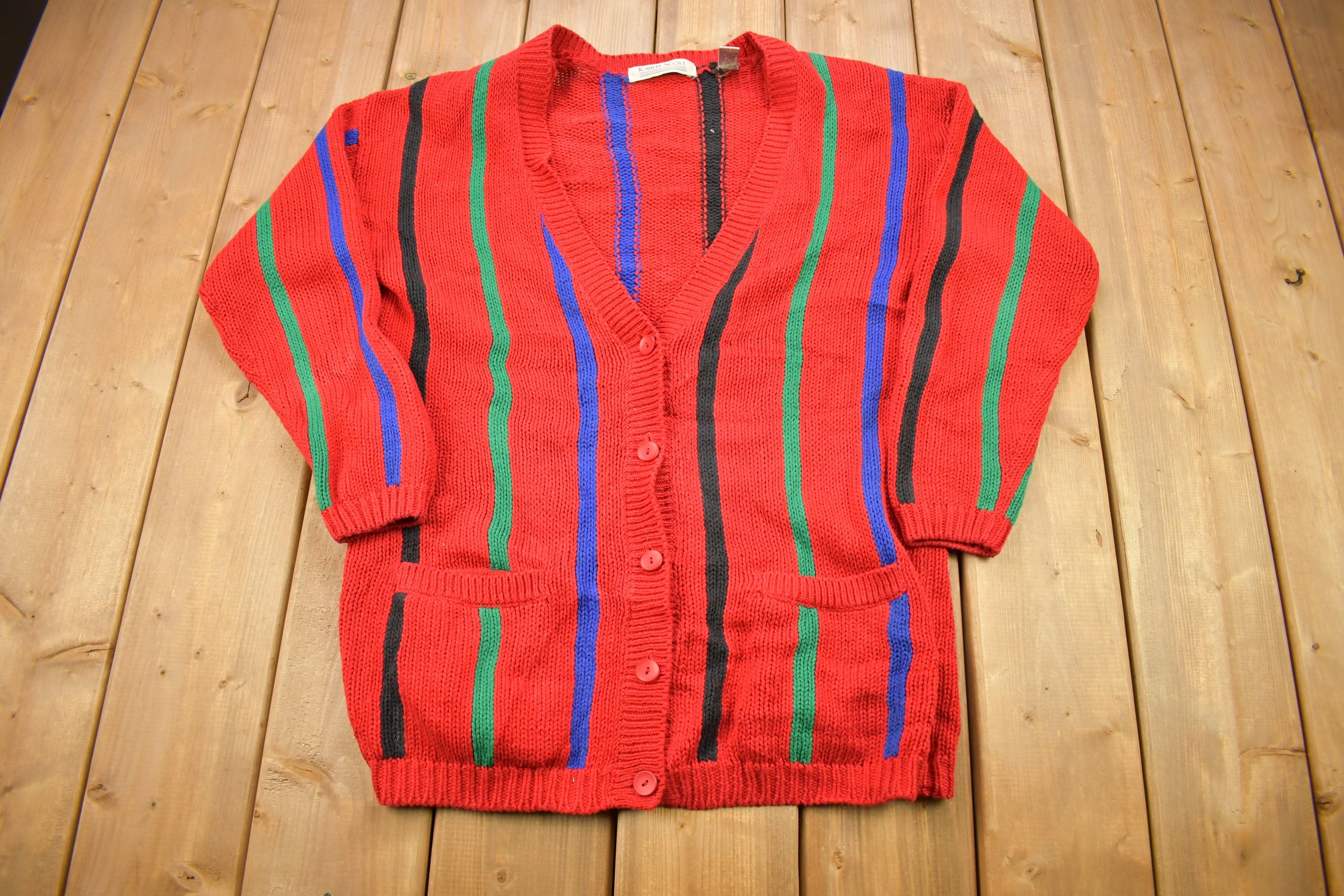 Vintage 1990s Karen Scott Striped Knitted Cardigan Sweater / Vintage Cardigan / Button Up / Abstract Pattern