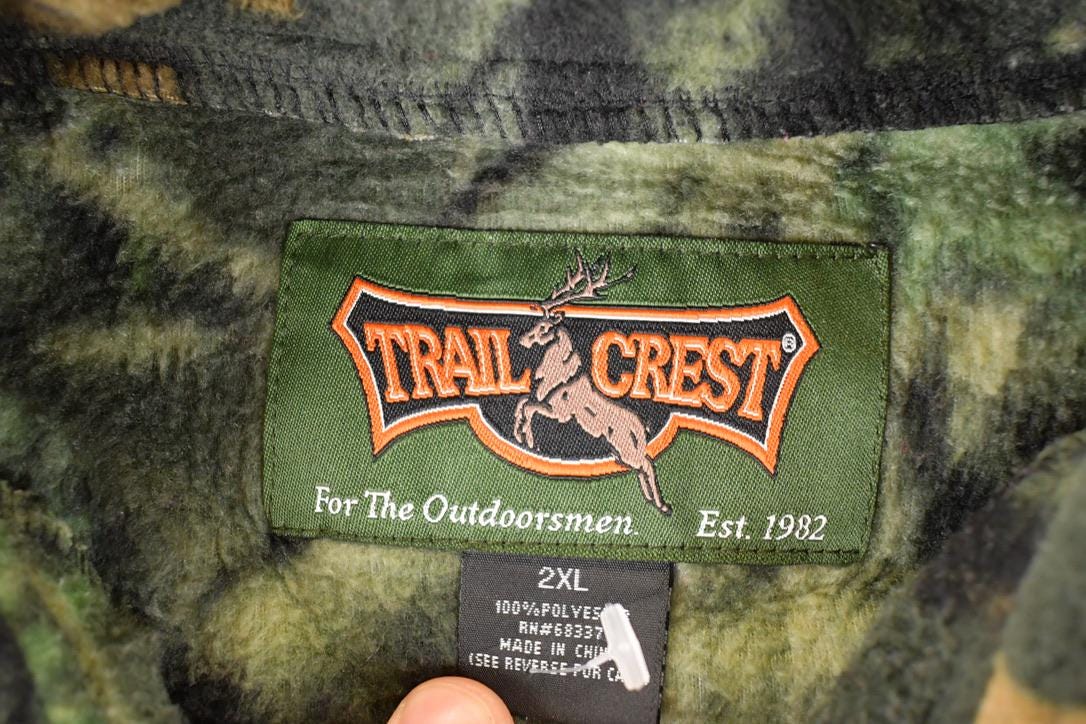 Vintage 1990s Trail Crest AOP Woodland Camo Quarter Zip Fleece Outdoorsman Sweater Men's XL