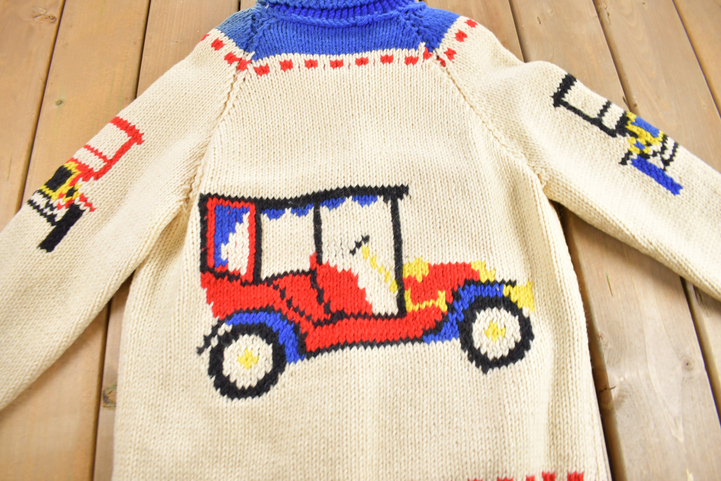 Vintage 1950s Hand-Knit Vintage Car Theme Cowichan Sweater / Wool / True Vintage / Outdoorsman / Heavy Weight / Size M