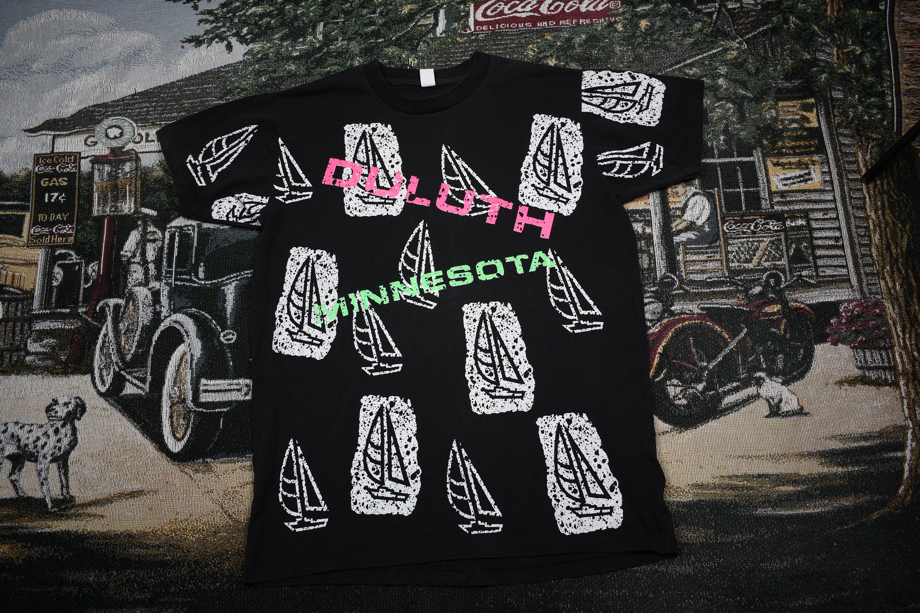 Vintage 1990s Duluth Minnesota All Over Print Souvenir T Shirt  Sail Boat Shirt  Single Stitch  Vintage Minnesota  Made In USA