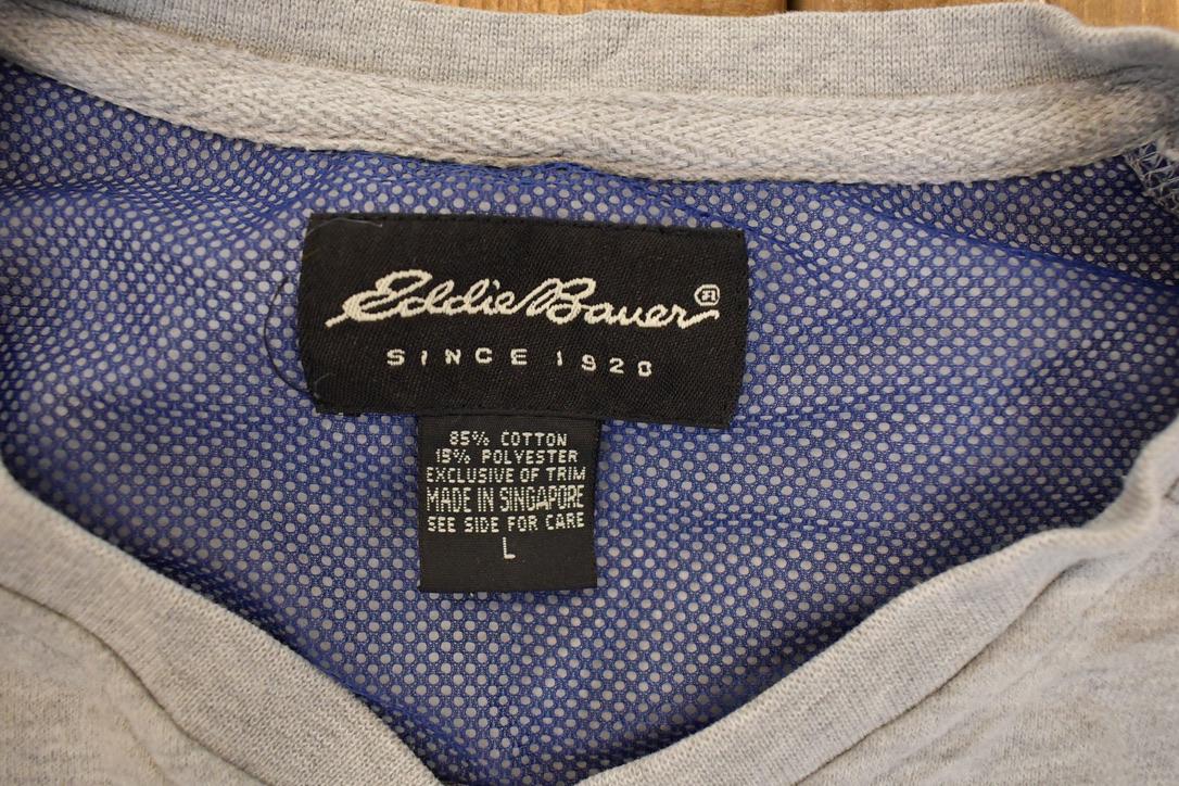 Vintage 1990s Eddie Bauer Sleeve Pocket Graphic Print V Neck Sweatshirt Mens XL / 90's Outdoorsman Sweater