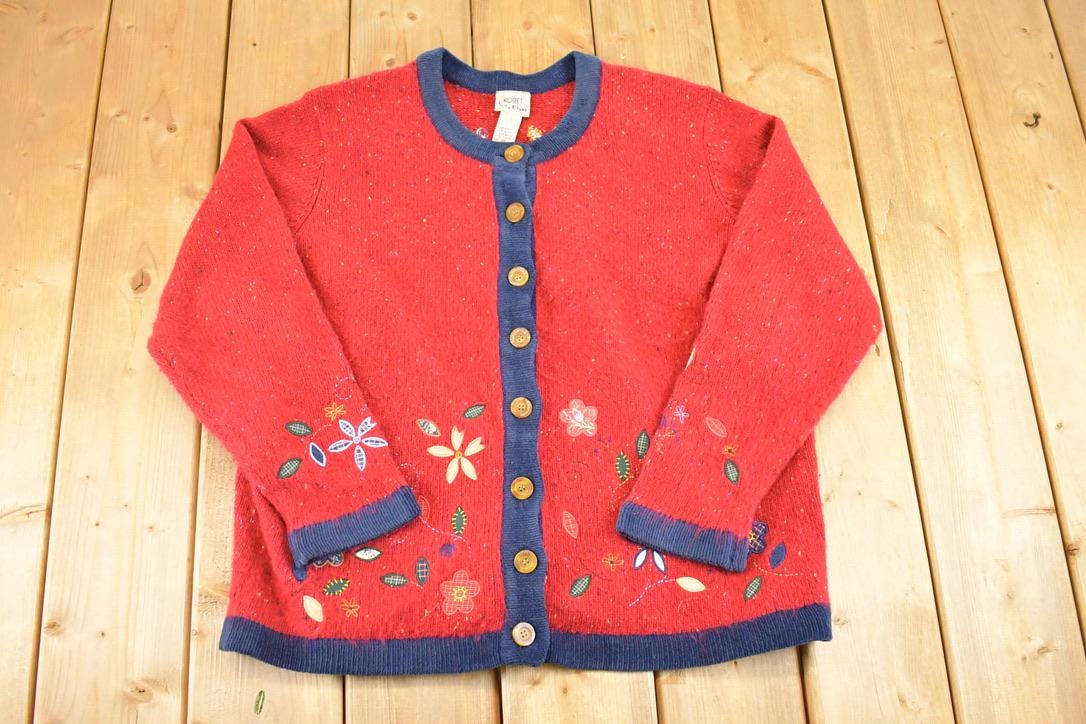 Vintage 1990s Koret City Blues Heavy Knit Flower Cardigan Sweater Women's L / Abstract Pattern 3D Knitted Sweatshirt