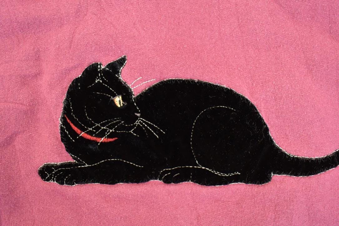 Vintage 1990s Top Stitch Embroidered Black Cat Doubler Collar Crewneck Sweatshirt Men's L
