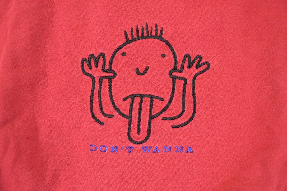 Vintage 1990s Don't Wanna Embroidered Funny Face Crewneck Sweatshirt Mens L / Made In USA / 90's Destination Sweater