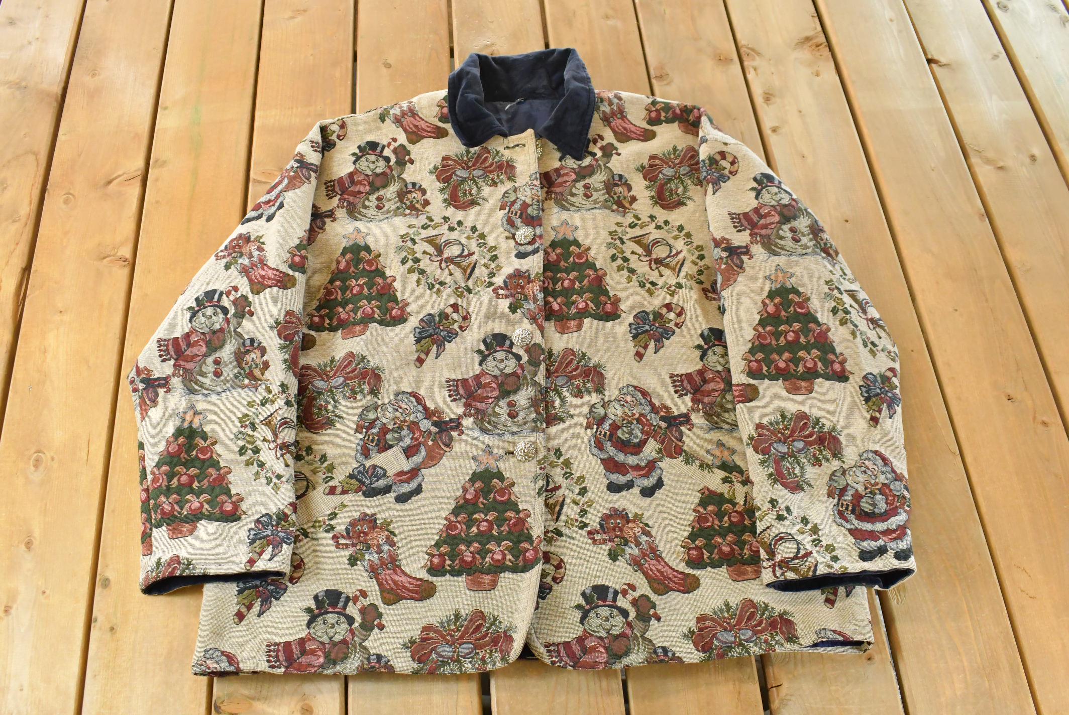 Vintage 1990s Christmas Graphic Patchwork Button Up Jacket Women's 2XL