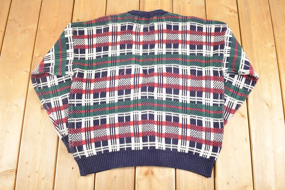 Vintage 1990s Botany 500 Knit Plaid Cardigan Sweater Mens XL /