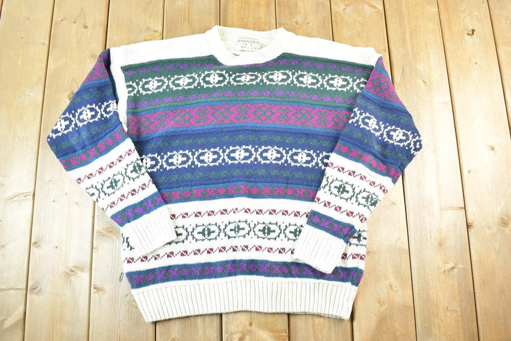 Vintage 1990s Woods And Grey Knit Abstract Pattern Crewneck Sweater Mens M