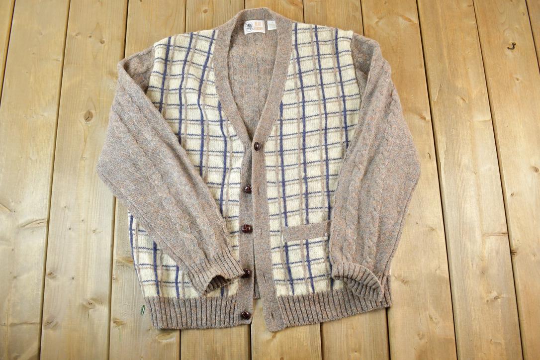 Vintage 1980s Alan Flusser 100% Wool Plaid Knit Perfect Mild Distress Cardigan Sweater Made In USA