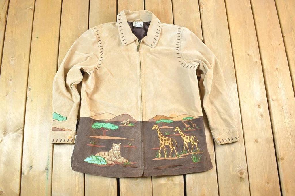 Vintage 1990s The Quacker Factory Unique Leather Savannah Desert Animal Embroidered Jacket Made In USA