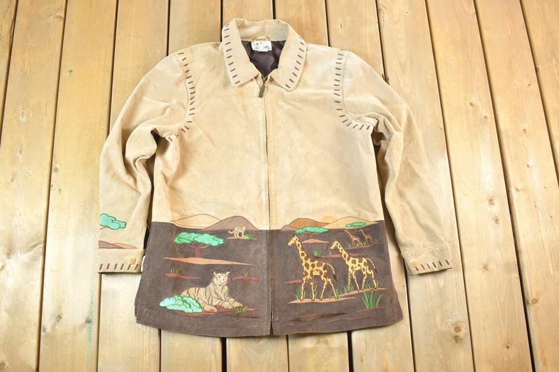Vintage 1990s The Quacker Factory Unique Leather Savannah Desert Animal Embroidered Jacket Made In USA
