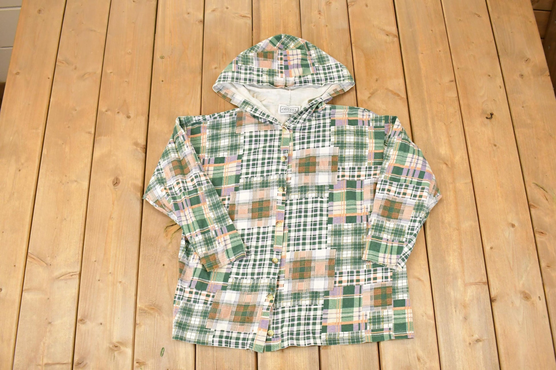 Vintage 1990s Croquet Club Hooded Plaid Button Up Long Sleeve Shirt Mens L / Made In USA / 90's Destination Sweater