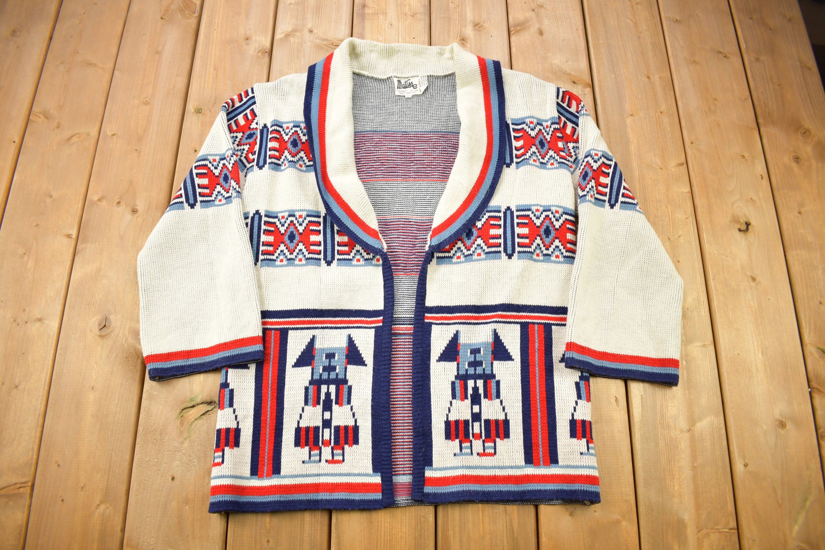Vintage 1980s Matisse Knitted Open Shall Cardigan Sweater  Vintage Cardigan  Button Up  Abstract Pattern  All Over Pattern