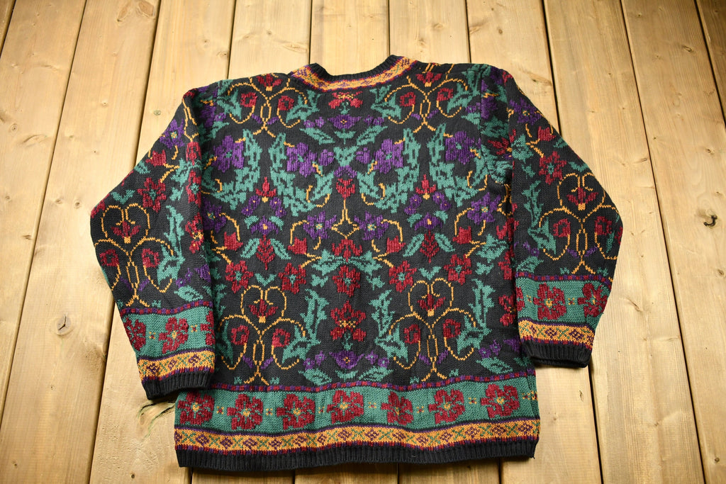 Vintage 1990s Lands End Floral Pattern Knitted Sweater