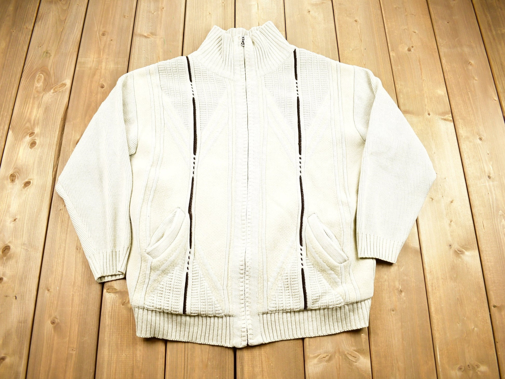 Vintage 1990s 3D Cable Knit Full Zip Sweater / Pattern Sweater / Outdoor / Wilderness / Pullover Sweatshirt / Full Zip Casual Wear / BS4