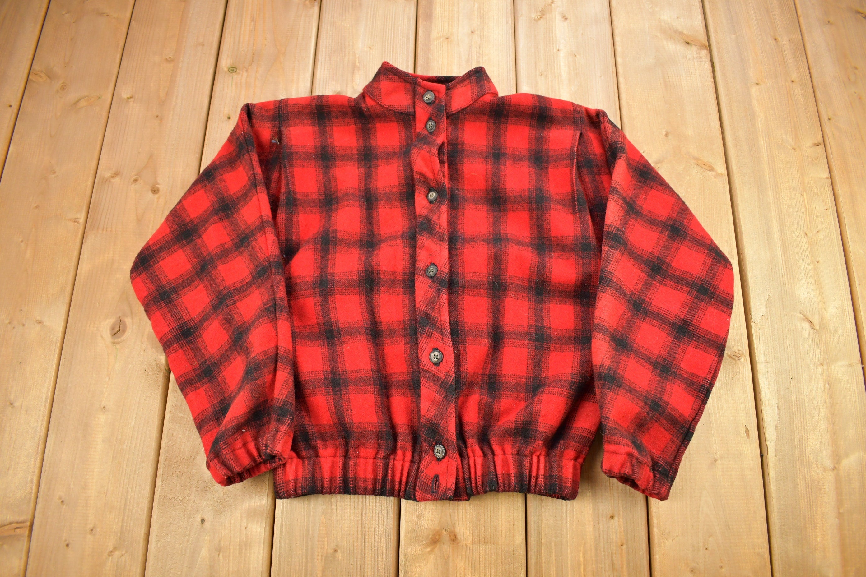 Vintage 1950s Wool Buffalo Plaid Button Up Hunting Jacket