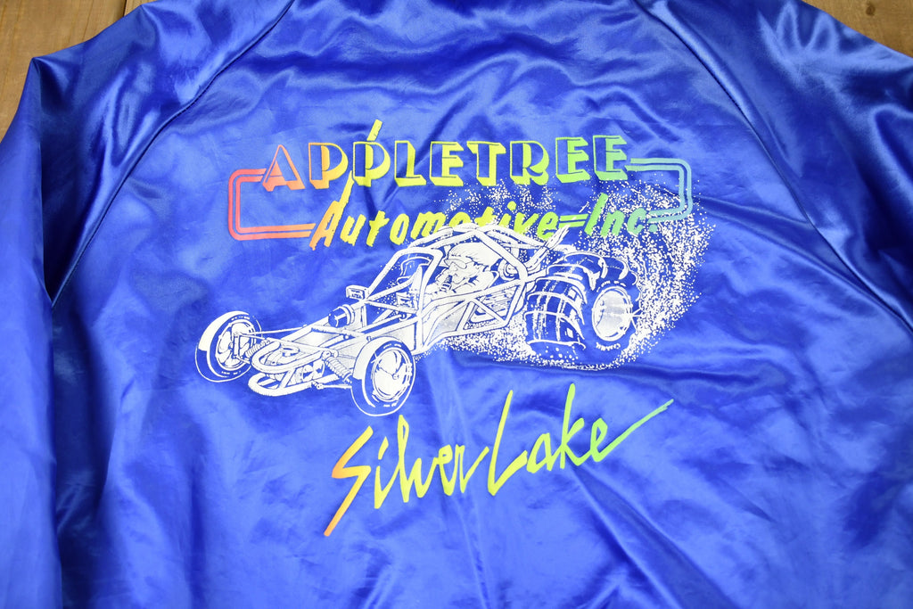 Vintage 1980s Appletree Automotive INC Silver Lake Satin Snap Button Bomber Jacket