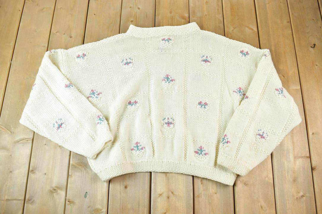 Vintage 1990s Chunky Knit Floral Boxy Abstract Pattern Crewneck Sweater Made In USA